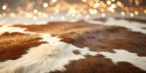 Aufkleber - Brown and white cowhide texture with blurred golden lights in the background