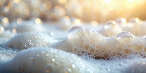Poster - Close-up view of glistening foam bubbles, illuminated by soft sunlight, showcasing a delicate texture and ethereal quality