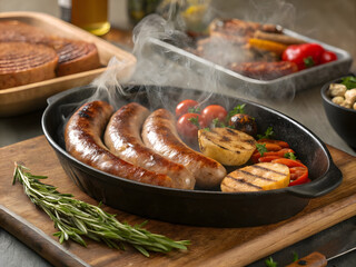 Charcoal grilled sausage Just cooked, smoky from the heat, placed in a pan, served black next to a charcoal grill. and has vegetables on the side