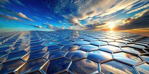Poster - Reflective Hexagonal Surface Reflecting a Vibrant Sunset Sky