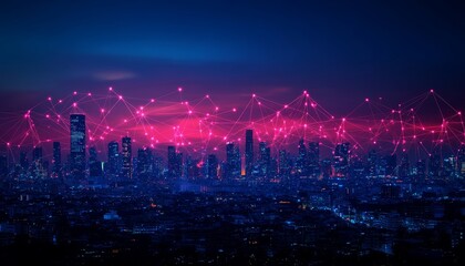 Poster - City Skyline Illuminated at Night With Digital Connections Forming a Network Across Buildings and the Sky