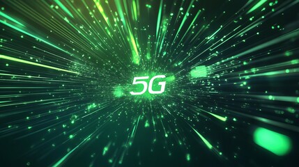 Aufkleber - 5G Technology Visual Representation Showcasing Data Transfer and Connectivity in a Vibrant, Dynamic Display of Green Light Patterns