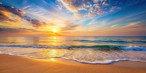 Poster - Serene ocean sunrise with gentle waves washing ashore on a sandy beach