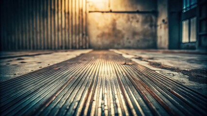 Aufkleber - Rustic Industrial Setting  Grungy Metal Floor with Warm Light and Weathered Walls