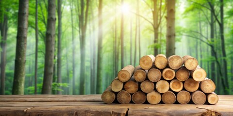 Aufkleber - Stack of neatly arranged wood logs on a rustic wooden surface, set against a sunlit forest backdrop