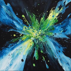 Poster - Vibrant Explosion of Colors in an Abstract Painting Showcasing Dynamic Greens and Blues Against a Dark Background