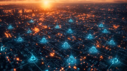 Aufkleber - Night View of a Futuristic City Landscape Illuminated by Glowing Blue Structures Against a Sunset Sky