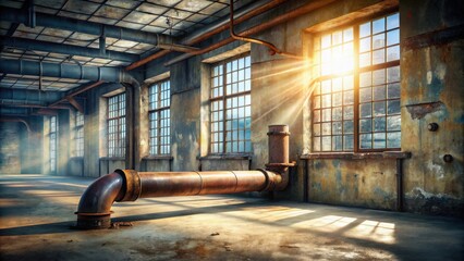 Aufkleber - Sunlit Industrial Interior  Rustic Factory Space with Large Windows and Aged Piping