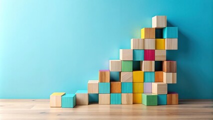 Poster - Colorful Wooden Blocks Arranged in Ascending Order Against a Light Blue Wall