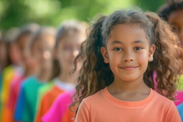 Wall Mural - A group of young girls are lined up and one girl is smiling