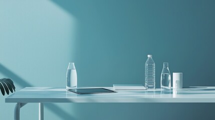 Poster - Modern minimalist conference table setup with digital tablets office space product display bright atmosphere creative concept