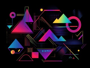 Poster - Dynamic neon geometric shapes contemporary abstract art on black background