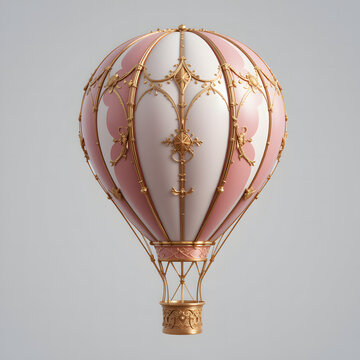 3D pink and white hot air balloon with gold detailing, creating a whimsical and vintage look, perfect for themes of travel, adventure, and fantasy. Isolated on transparent background