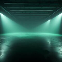 Poster - Mysterious Indoor Space With Green Light Illuminating the Glossy Floor, Evoking a Sense of Intrigue and Anticipation During an Evening Event