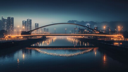 Aufkleber - Modern urban bridge connects two districts at night reflecting vibrant architecture in water showcasing city life