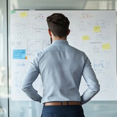 Poster - Professional Looking Man Analyzing Notes and Charts on a Whiteboard in a Modern Office Setting During the Daytime