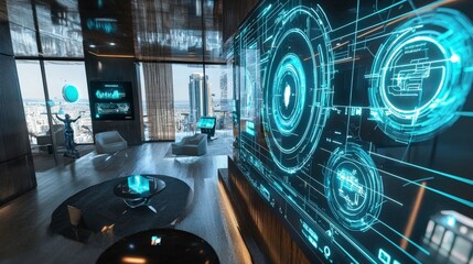 Poster - Futuristic digital hub showcasing vibrant holography urban office space modern design high-tech environment immersive concept