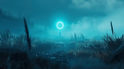 Poster - Mysterious glowing artifact illuminates misty field enigmatic landscape digital art surreal atmosphere