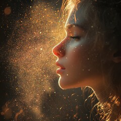 Poster - Capturing Ethereal Beauty Through Golden Light and Shimmering Particles in a Serene Portrait of a Young Woman