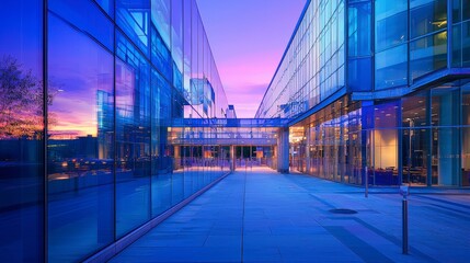 Aufkleber - Modern urban street reflective glass buildings cityscape sunset vibrant colors contemporary architecture