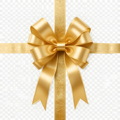 Beautiful golden ribbon bow, perfect for gift wrapping and decoration. Isolated on transparent background