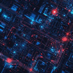 Poster - Digital Cityscape at Night Featuring Glowing Circuits and Data Paths With Red and Blue Lights Illuminating Buildings and Streets