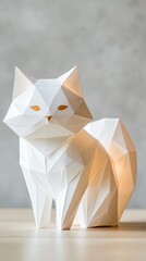 Aufkleber - Elegant Paper Origami Cat Sculpture Showcasing Intricate Folds and Textures in Soft Lighting