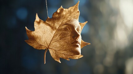 Poster - Intricate carved maple leaf portrait of a human face nature setting artistic detail close-up view unique concept