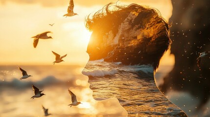 Poster - Captivating double exposure photography of a nature lover by the sea at golden hour artistic serene dreamlike vision