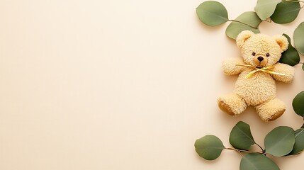 Poster - Playful Teddy Bear Surrounded by Leaves on a Soft Beige Background Inviting Joy and Warmth