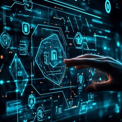 Fototapete - Touching the Digital Interface Displaying Futuristic Technology and Data Security Concepts in a Virtual Environment During a Nighttime Setting