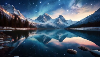 panorama view of white snow capped mountain peaks with starry astro skies reflecting off the water o