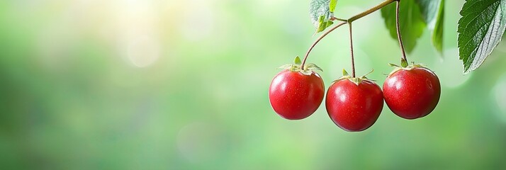 Aufkleber - Vibrant Strawberries Hanging Delicately From Their Green Branch in a Sunny Garden Setting