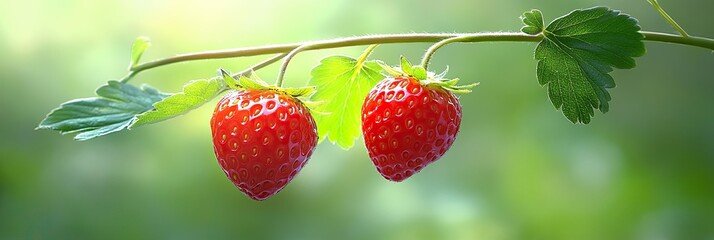 Poster - Strawberries Glistening in the Sunlight, Hanging Delicately From a Lush Green Branch