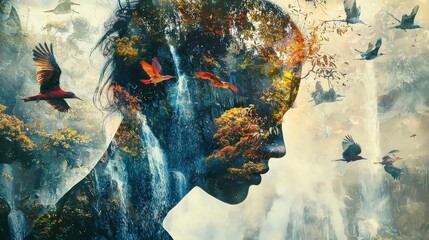 Poster - Musician's double exposure portrait in nature artistic composition ethereal environment serene viewpoint creative concept