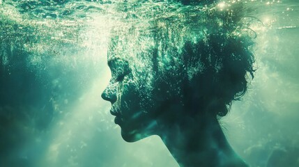 Poster - A captivating double exposure of a swimmer's profile underwater serene aquatic environment artistic portrait dreamy mood
