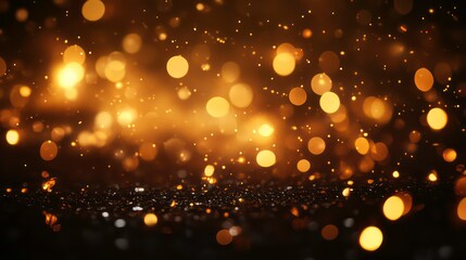 Abstract gold bokeh lights and glitter on dark background.