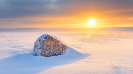 Aufkleber - Winter Solstice Sunrise Over a Snow-Covered Landscape With a Lone Rock