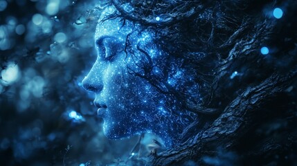 Poster - Mystical double exposure of a scientist’s profile in enchanted forest nature portrait dreamy ethereal concepts