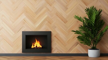 Wall Mural - Wall art mockup interior concept. Modern fireplace with flames, set against a textured wood wall and accompanied by a potted plant.