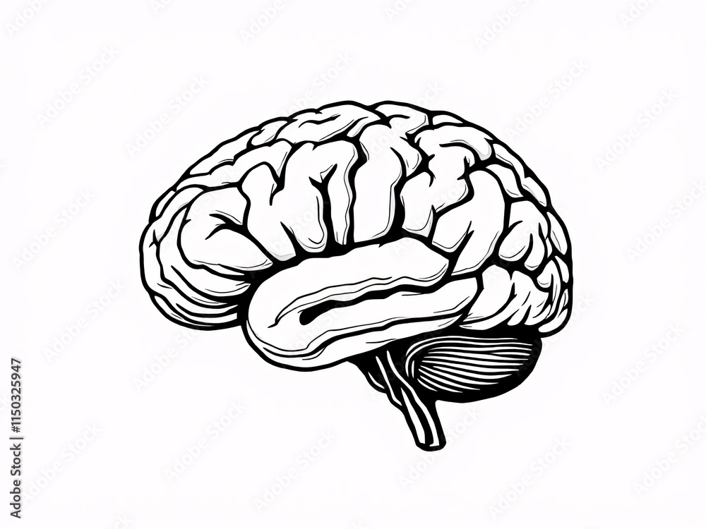 Black and white illustration of the human brain, side view, detailed ...