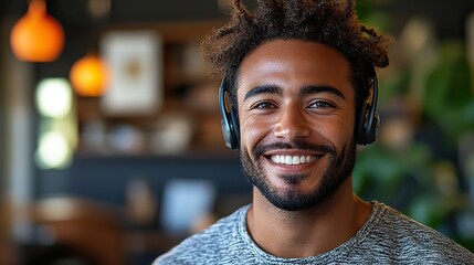 Wall Mural - A smiling man wearing a headset in an office, likely a telemarketer or call center agent, providing customer support