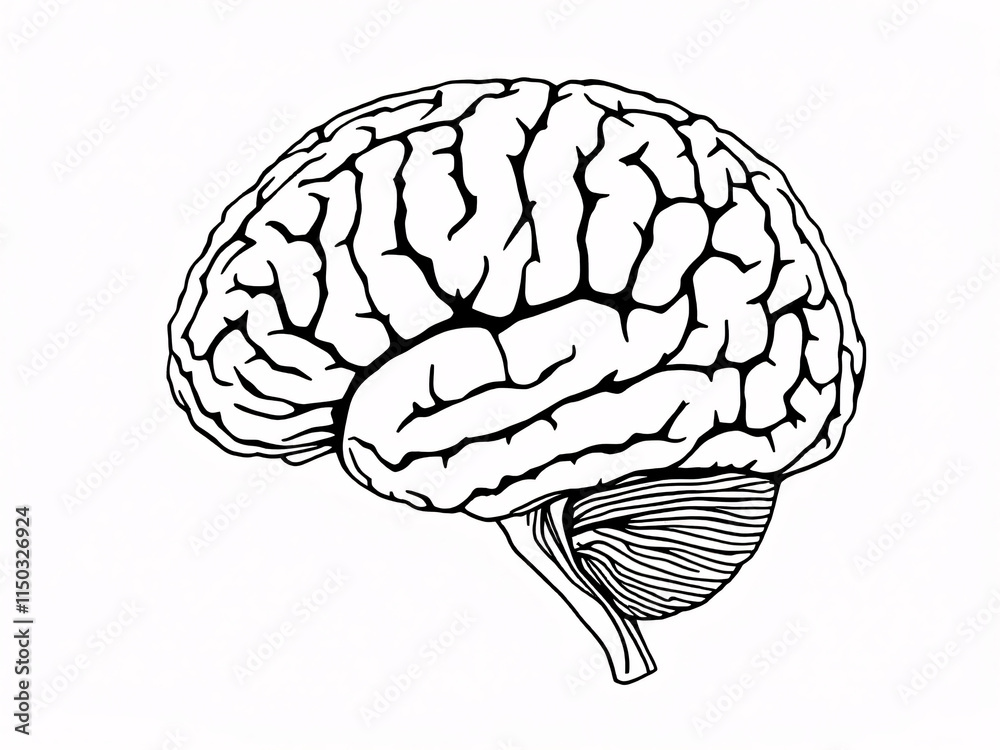 Black and white illustration of the human brain, side view, detailed ...