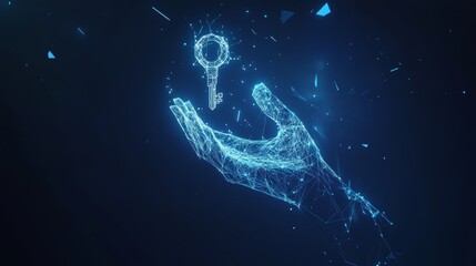 Aufkleber - Digital Hand Reaching out to a Glowing Key in a Futuristic Blue Environment Representing Technology and Security Concepts