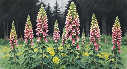 Wall Mural - Foxgloves towering in a shadowy forest clearing filled with lush greenery hand drawing