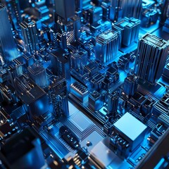 Aufkleber - Urban Landscape With Futuristic Blue Metallic Buildings and Intricate Architectural Design in a Digital Cityscape
