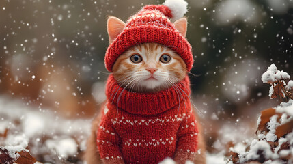 Adorable Cat in Red Winter Hat in Snowy Scene