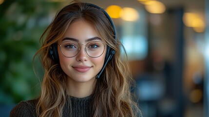 Wall Mural - A woman wearing a headset in an office, potentially a call center agent or consultant, providing customer support