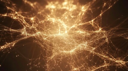 Poster - Abstract golden network, glowing particles, interconnected lines, technology background.