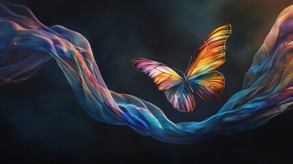 Aufkleber - Captivating concept of a colorful butterfly soaring amidst surreal fabric ribbons in a dreamlike background